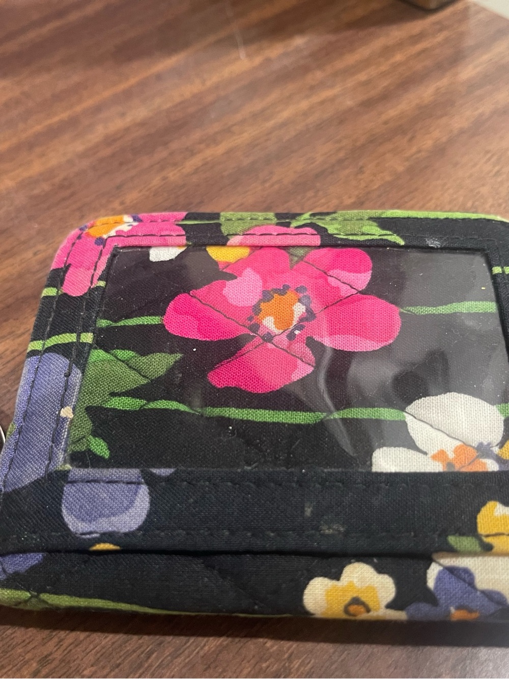 Vera Bradley Floral Quilted Black ID Wallet with Pink & Purple Flowers